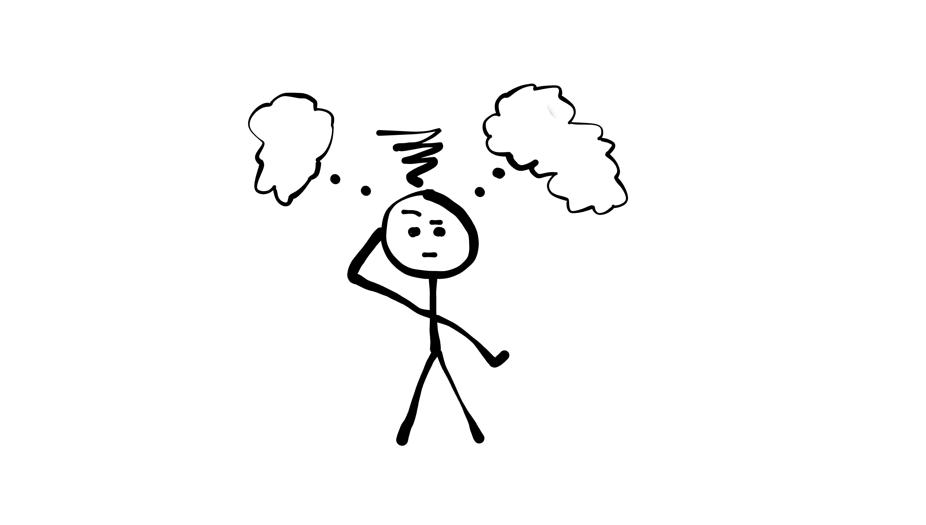 Black stick-figure drawing of a person surrounded by thought clouds and scribbles, representing a busy or unconventional mind.